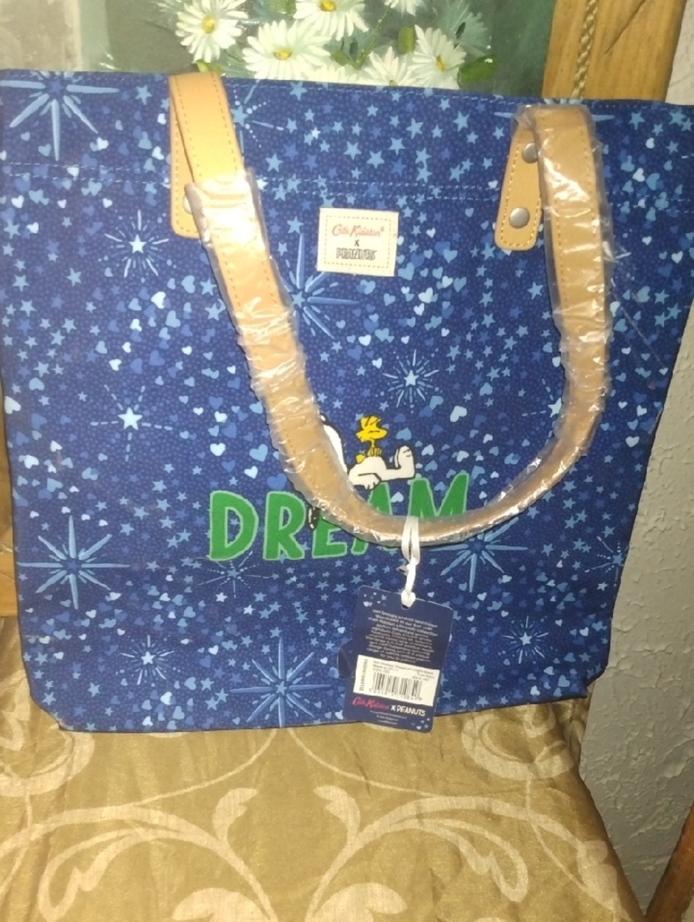 Cath Kidston Navy Star Print Tote with Tan Handles and Green 'DREAM' - Picture 5 of 7